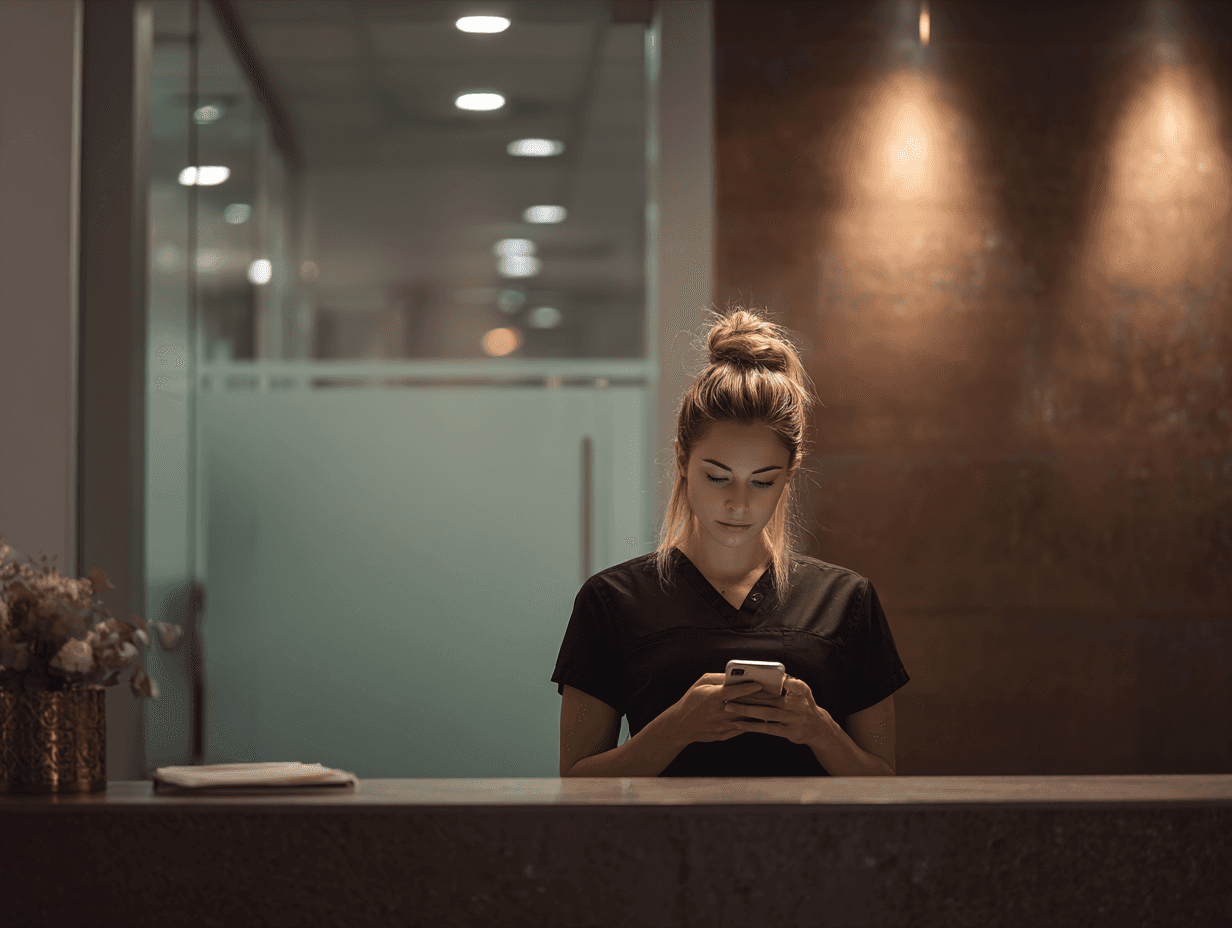 MedSpa front desk reviewing missed calls and messages from new leads, illustrating how slow speed-to-lead can be mistaken for bad lead quality and how ClinicROI helps identify the real issue.